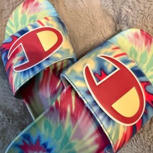 Champions Colorful Tie-Dye Slides with Red Logo - like new